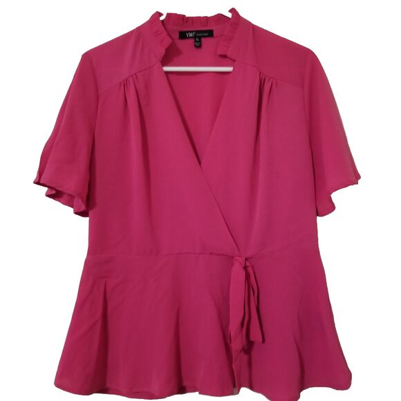 YMI Collection Blouse XLarge Magenta Pink Womens Deep Vneck Ruffle Neck - Picture 1 of 2